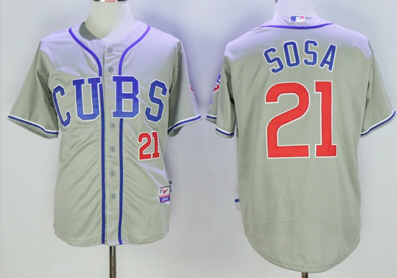 Men's Chicago Cubs #21 Sammy Sosa Retired Gray CUBS Stitched MLB Majestic Cool Base Jersey
