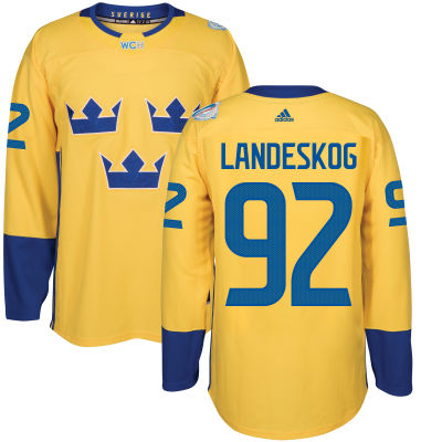 Men's Team Sweden #92 Gabriel Landeskog Adidas Yellow World Cup of Hockey 2016 Premier Player Jersey