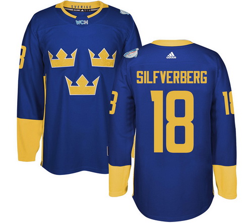 Men's Team Sweden #18 Jakob Silfverberg Adidas Blue 2016 World Cup Of Hockey Custom Player Stitched Jersey