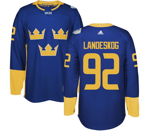 Men's Team Sweden #92 Gabriel Landeskog Adidas Blue 2016 World Cup Of Hockey Custom Player Stitched Jersey