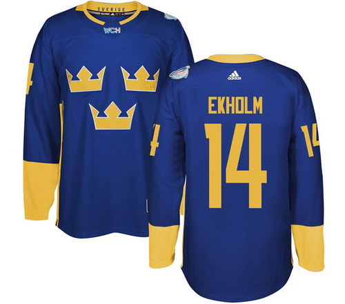 Men's Team Sweden #14 Mattias Ekholm Adidas Blue 2016 World Cup of Hockey Jersey