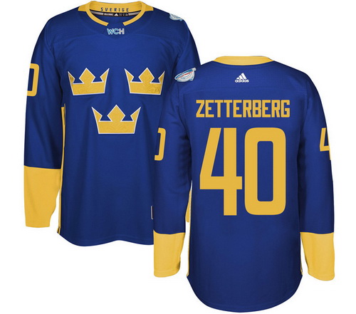 Men's Team Sweden #40 Henrik Zetterberg Adidas Blue 2016 World Cup Of Hockey Custom Player Stitched Jersey