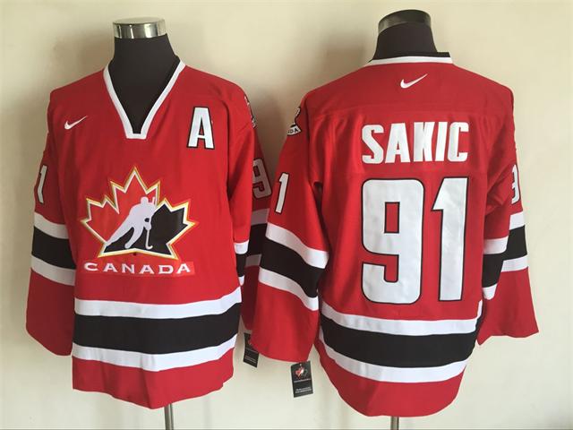 Men's 2002 Team Canada #91 Joe Sakic Red Nike Olympic Throwback Stitched Hockey Jersey