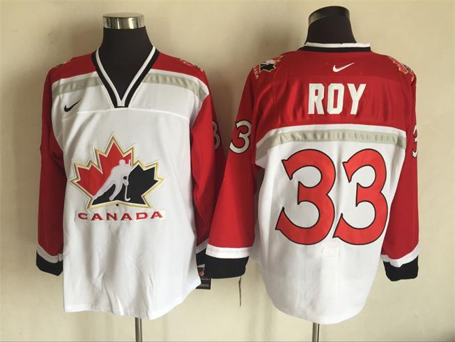 Men's 1998 Team Canada #33 Patrick Roy White Nike Olympic Throwback Stitched Hockey Jersey