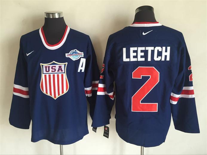 Men's 2004 World Cup Team US #2 Brian Leetch Navy Blue Nike Olympic Throwback Stitched Hockey Jersey