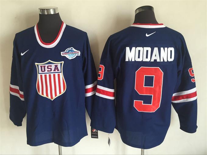 Men's 2004 World Cup Team US #9 Mike Modano Navy Blue Nike Olympic Throwback Stitched Hockey Jersey