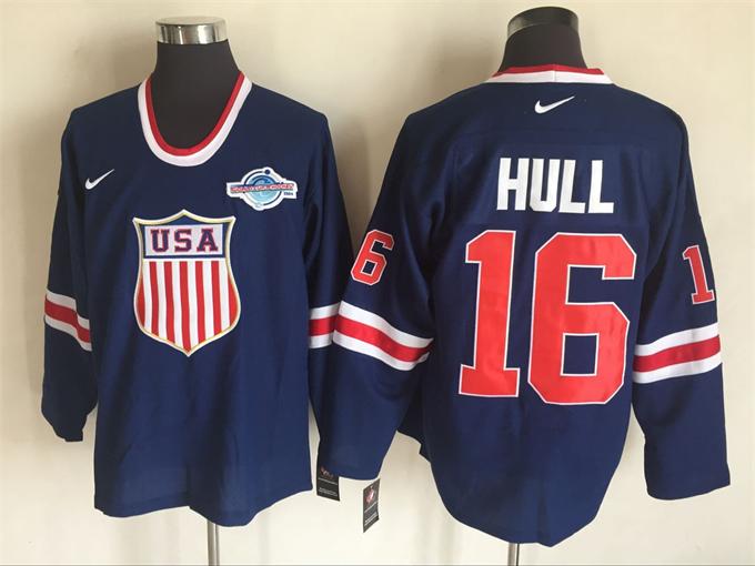 Men's 2004 World Cup #16 Brett Hull Navy Blue Nike Olympic Throwback Stitched Hockey Jersey