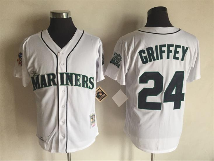 Men's Seattle Mariners #24 Ken Griffey Jr. 1997 White 20TH  Anniversary Mitchell & Ness Cooperstown Throwback Jersey
