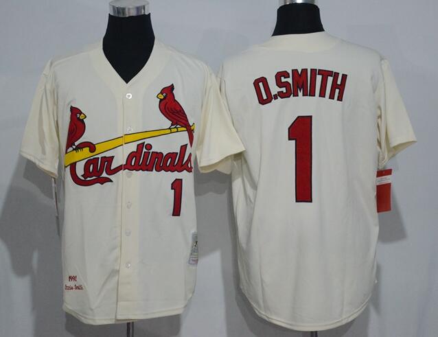 Men's St. Louis Cardinals #1 Ozzie Smith Cream 1992 MLB Cooperstown Collection Jersey by Mitchell & Ness