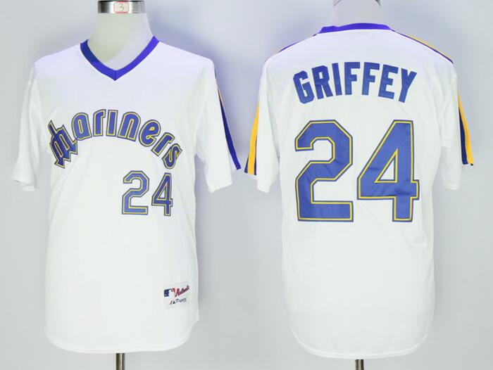 Men's Seattle Mariners #24 Ken Griffey Jr. White Pullover Stitched MLB Majestic 1984 Turn Back the Clock Jersey