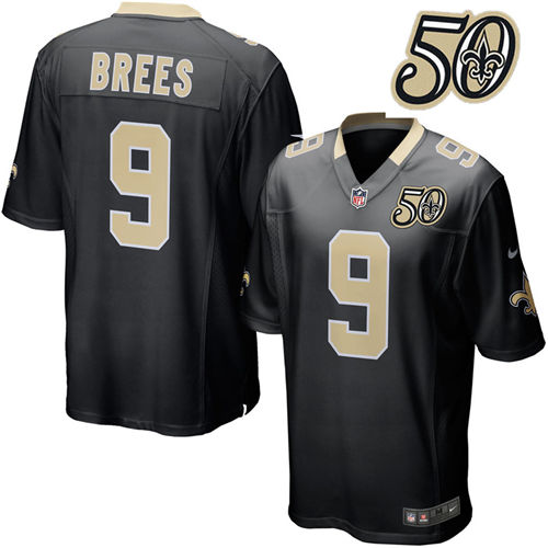 Mens New Orleans Saints #9 Drew Brees Black 50th Anniversary Elite Football Jersey