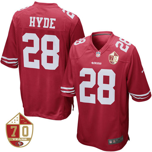 San Francisco 49ers #28 Carlos Hyde Scarlet 70th Anniversary Patch Elite Football Jersey