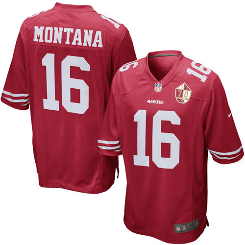 Men's San Francisco 49ers #16 Joe Montana Nike Scarlet 70th Anniversary Patch Retired Elite Football Jersey