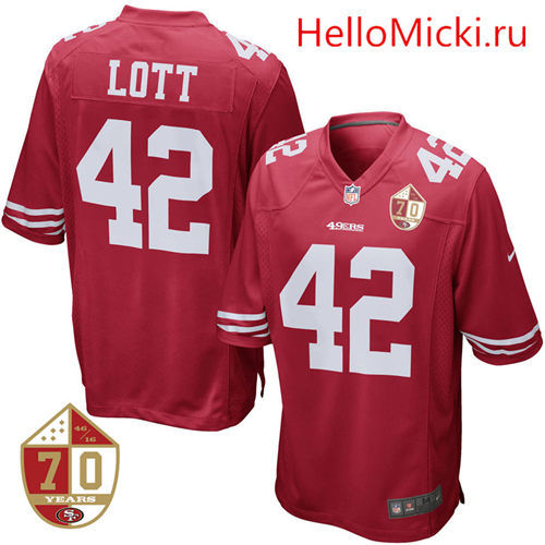 San Francisco 49ers #42 Ronnie Lott Scarlet 70th Anniversary Patch Retired Elite Football Jersey