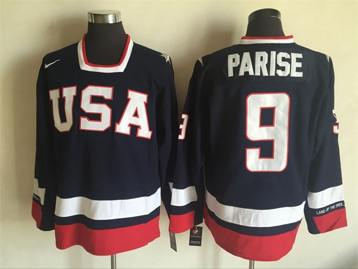 Men's #9 Zach Parise Nike 2010 Olympics Team USA Navy BLue Hockey Jersey