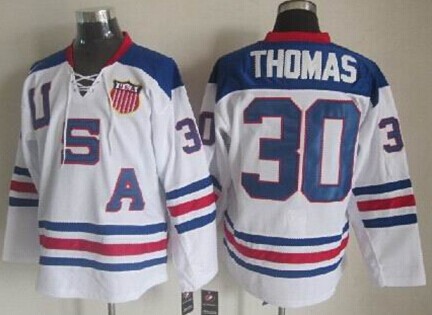 Men's #30 Tim Thomas Nike 2010 Olympics Team USA White Hockey Jersey