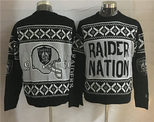 Mens Oakland Raiders Black Grey Crew Neck Football Ugly Sweater