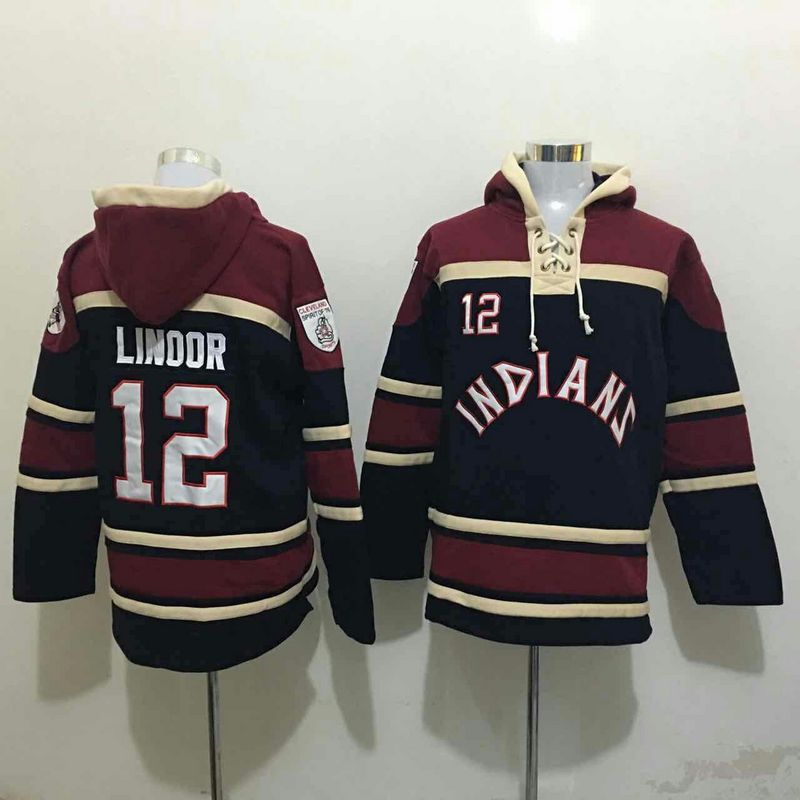 Men's Cleveland Indians #12 Francisco Lindor Navy Blue Baseball Hoodie