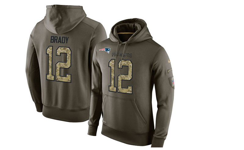 Men's New England Patriots #12 Tom Brady Green Nike Olive Salute To Service KO Performance Limited Hoodie