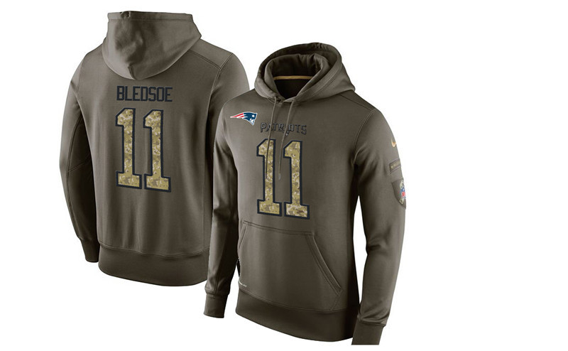 Men's New England Patriots Retired Player #11 Drew Bledsoe Green Nike Olive Salute To Service KO Performance Limited Hoodie