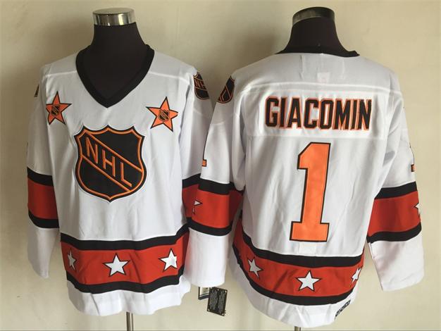 Men's NHL 1972-81 All-Star Jersey #1 Eddie Giacomin White CCM Throwback Vintage Hockey Jersey