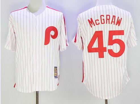 Men's Philadelphia Phillies Throwback Player #45 Tug McGraw White Pinstripe Majestic Cool Base Cooperstown Collection Jersey