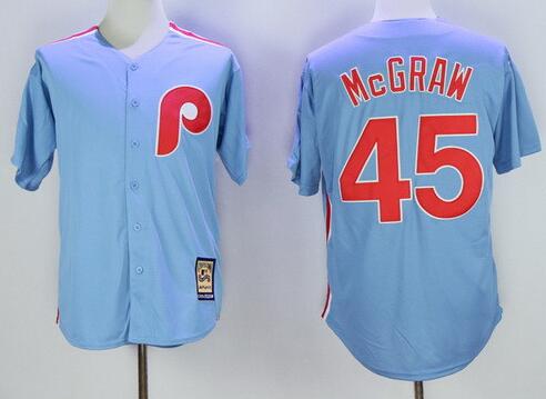 Men's Philadelphia Phillies Throwback Player #45 Tug McGraw Light Blue Majestic Cool Base Cooperstown Collection Jersey