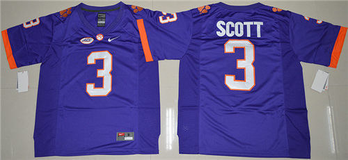 Mens Clemson Tigers #3 Artavis Scott Purple Stitched NCAA Nike 2016 College Football Jersey