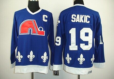 Men's Quebec Nordiques #19 Joe Sakic Navy Blue CCM Vintage Throwback Jersey
