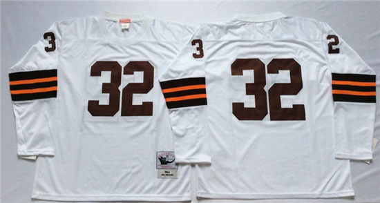 Cleveland Browns #32 Jim Brown White Long-Sleeved Throwback Jersey