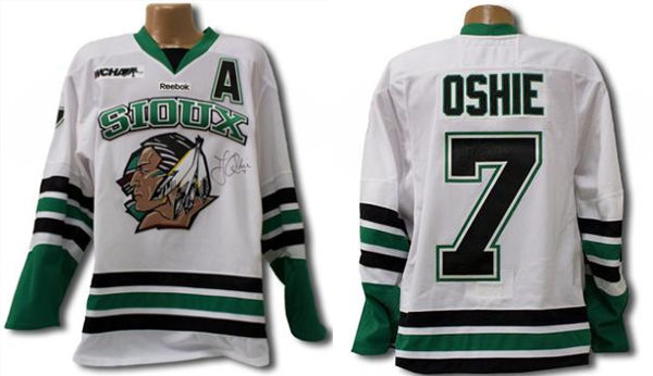 Mens North Dakota Fighting Hawks #7 TJ Oshie White College Hockey Jersey