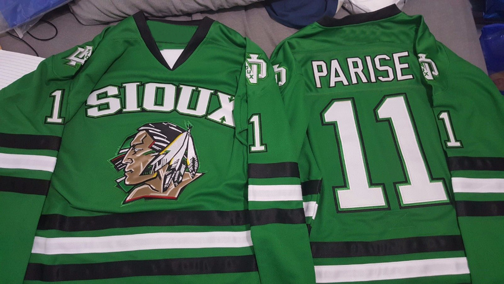 Mens North Dakota Fighting Hawks #11 Zach Parise Green College Hockey Jersey