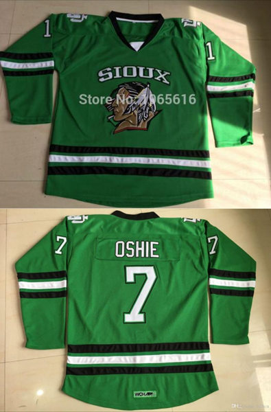 Mens North Dakota Fighting Hawks #7 T.J. Oshie Green Stitched College Ice Hockey Jersey