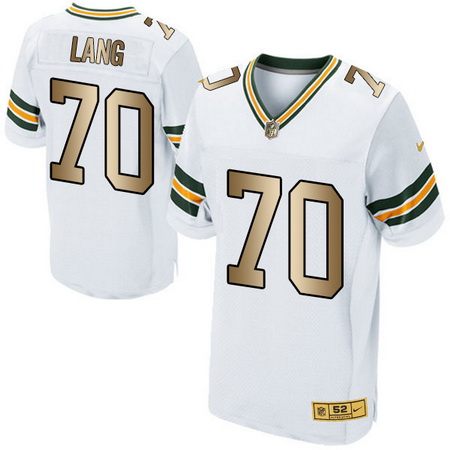 Men's Green Bay Packers #70 T. J. Lang White With Gold Stitched NFL Nike Elite Jersey