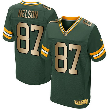 Men's Green Bay Packers #87 Jordy Nelson Green With Gold Stitched NFL Nike Elite Jersey