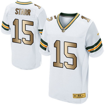 Men's Green Bay Packers #15 Bart Starr White With Gold Stitched NFL Nike Elite Jersey