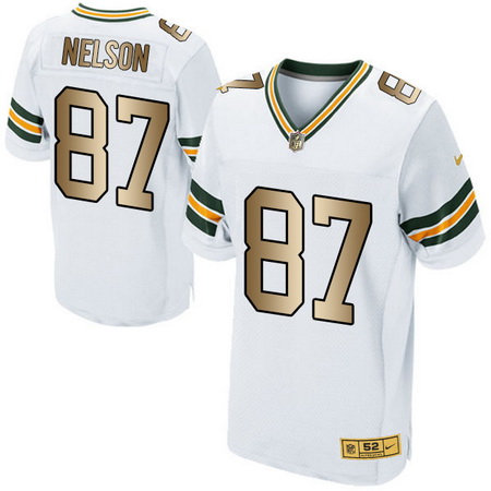 Men's Green Bay Packers #87 Jordy Nelson White With Gold Stitched NFL Nike Elite Jersey