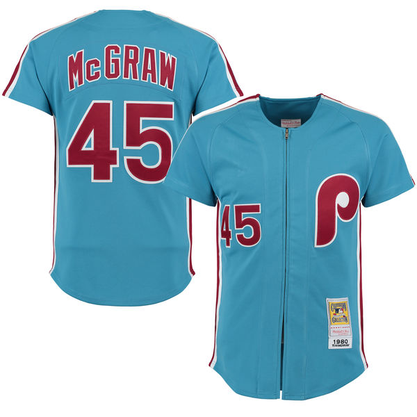 Men's Philadelphia Phillies #45 Tug McGraw Mitchell & Ness Light Blue 1980 Throwback Player Jersey