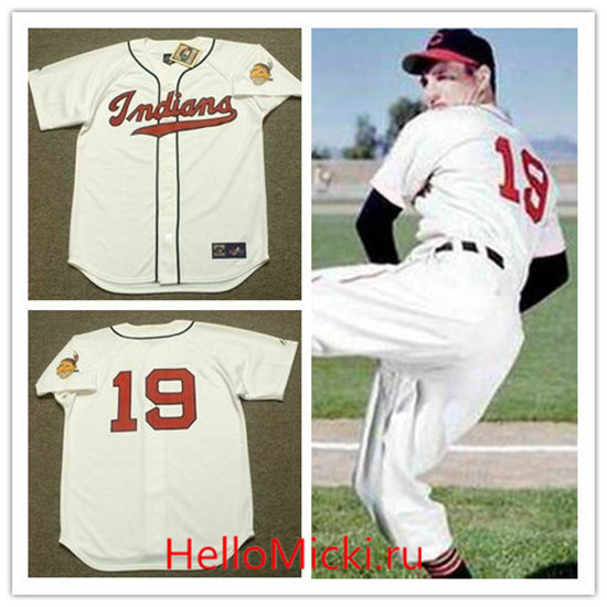 Men's Cleveland Indians #19 BOB FELLER  1948 Majestic White Cooperstown Throwback Jersey