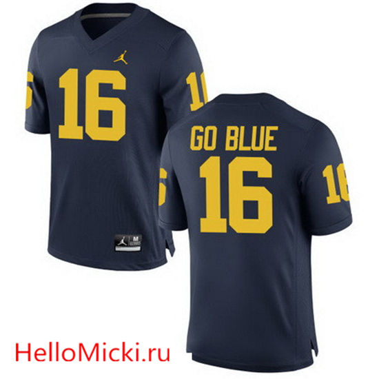 Men's Michigan Wolverines #16 GO BLUE Navy Blue Stitched College Football Brand Jordan NCAA Jersey