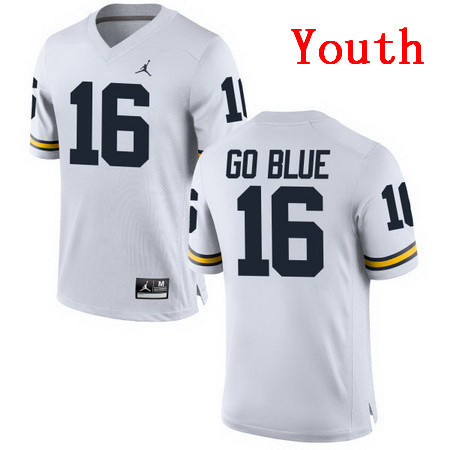 Youth Michigan Wolverines #16 GO BLUE White Stitched College Football Brand Jordan NCAA Jersey