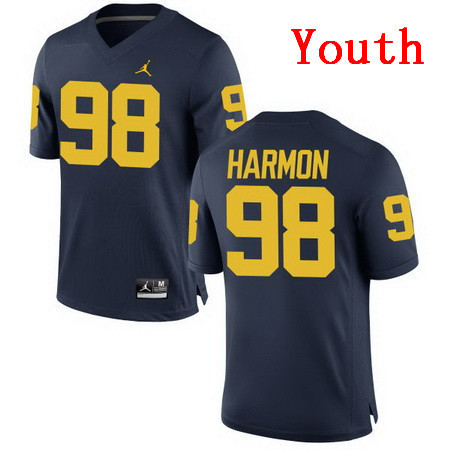 Youth Michigan Wolverines #98 Tom Harmon Retired Navy Blue Stitched College Football Brand Jordan NCAA Jersey
