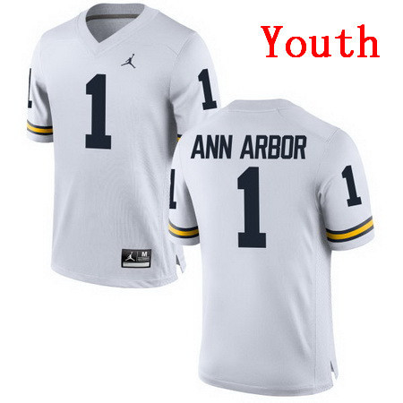 Youth Michigan Wolverines #1 Ann Arbor White Stitched College Football Brand Jordan NCAA Jersey