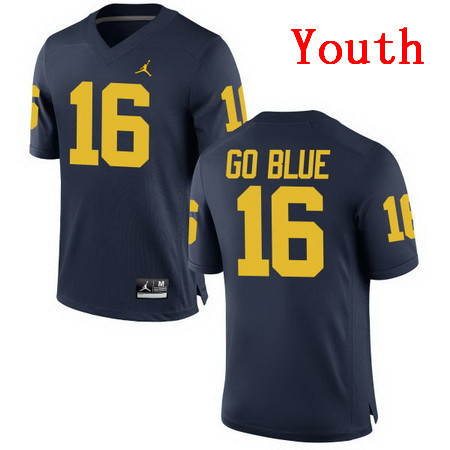 Youth Michigan Wolverines #16 GO BLUE Navy Blue Stitched College Football Brand Jordan NCAA Jersey