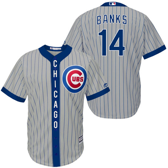 Men's Chicago Cubs Retired Player #14 Ernie Banks 1980's Gray Stripe Turn Back the Clock Throwback Authentic Player Jersey