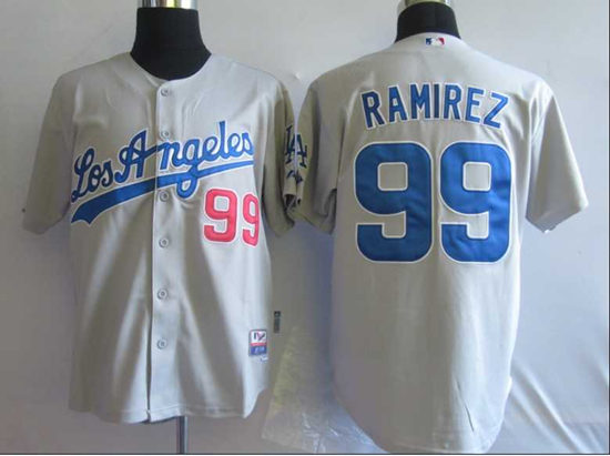 Men's Los Angeles Dodgers #99 Manny Ramirez Road Gray Majestic Cooperstown Throwback Jersey
