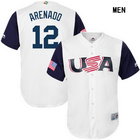 Men's USA Baseball #12 Nolan Arenado Majestic White 2017 World Baseball Classic Stitched Replica Jersey