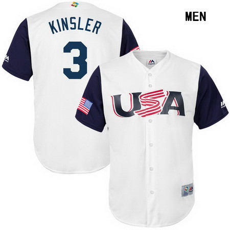 Men's USA Baseball #3 Ian Kinsler Majestic White 2017 World Baseball Classic Stitched Replica Jersey