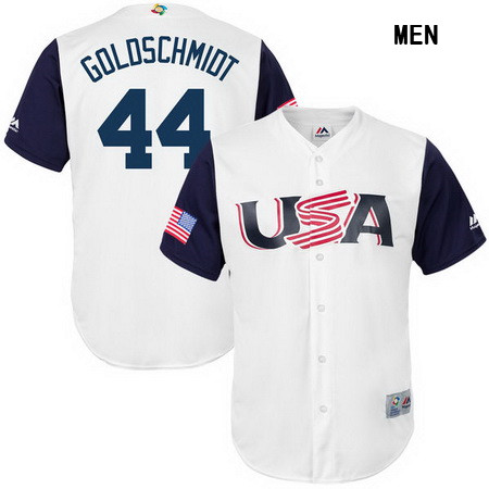 Men's USA Baseball #44 Paul Goldschmidt Majestic White 2017 World Baseball Classic Stitched Replica Jersey
