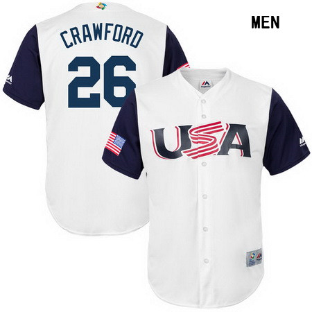 Men's USA Baseball #26 Brandon Crawford Majestic White 2017 World Baseball Classic Stitched Replica Jersey